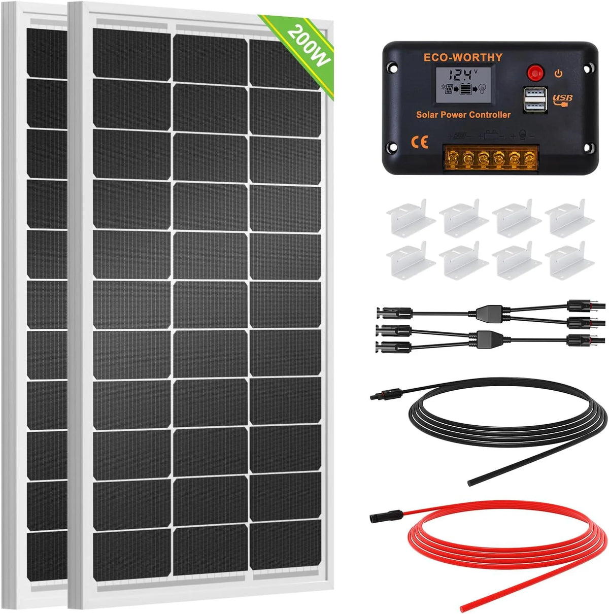 200 Watts 12 Volt/24 Volt Solar Panel Kit with High Efficiency Monocrystalline Solar Panel and 30A PWM Charge Controller for RV. Camper. Vehicle. Caravan and Other Off Grid Applications