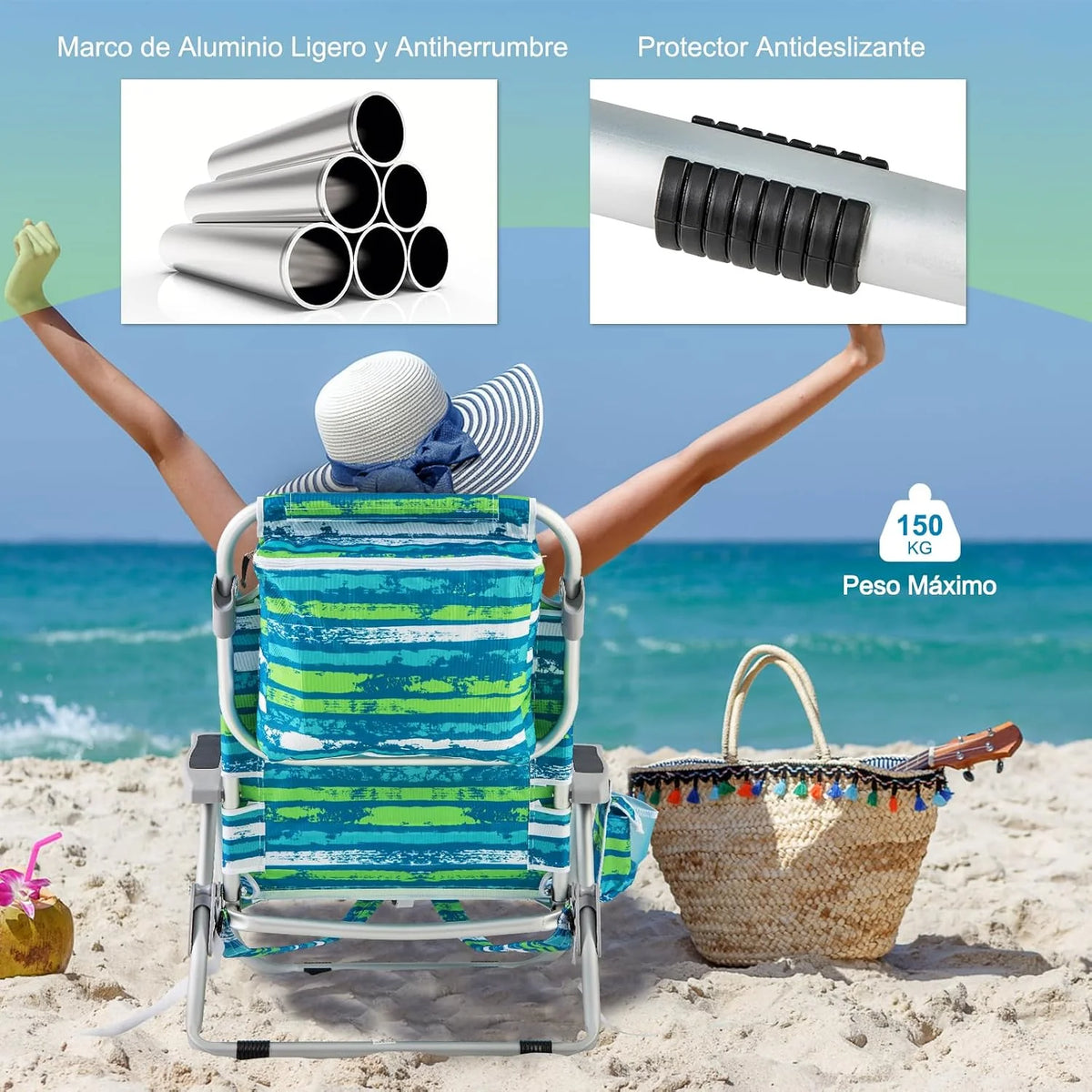 COSTWAY Silla Plegable de Playa. Tumbona con 5 Posiciones. Portavasos. Bolsillos de Almacenamiento. Correas de Hombro. Soporte para Toallas. Almohada.
