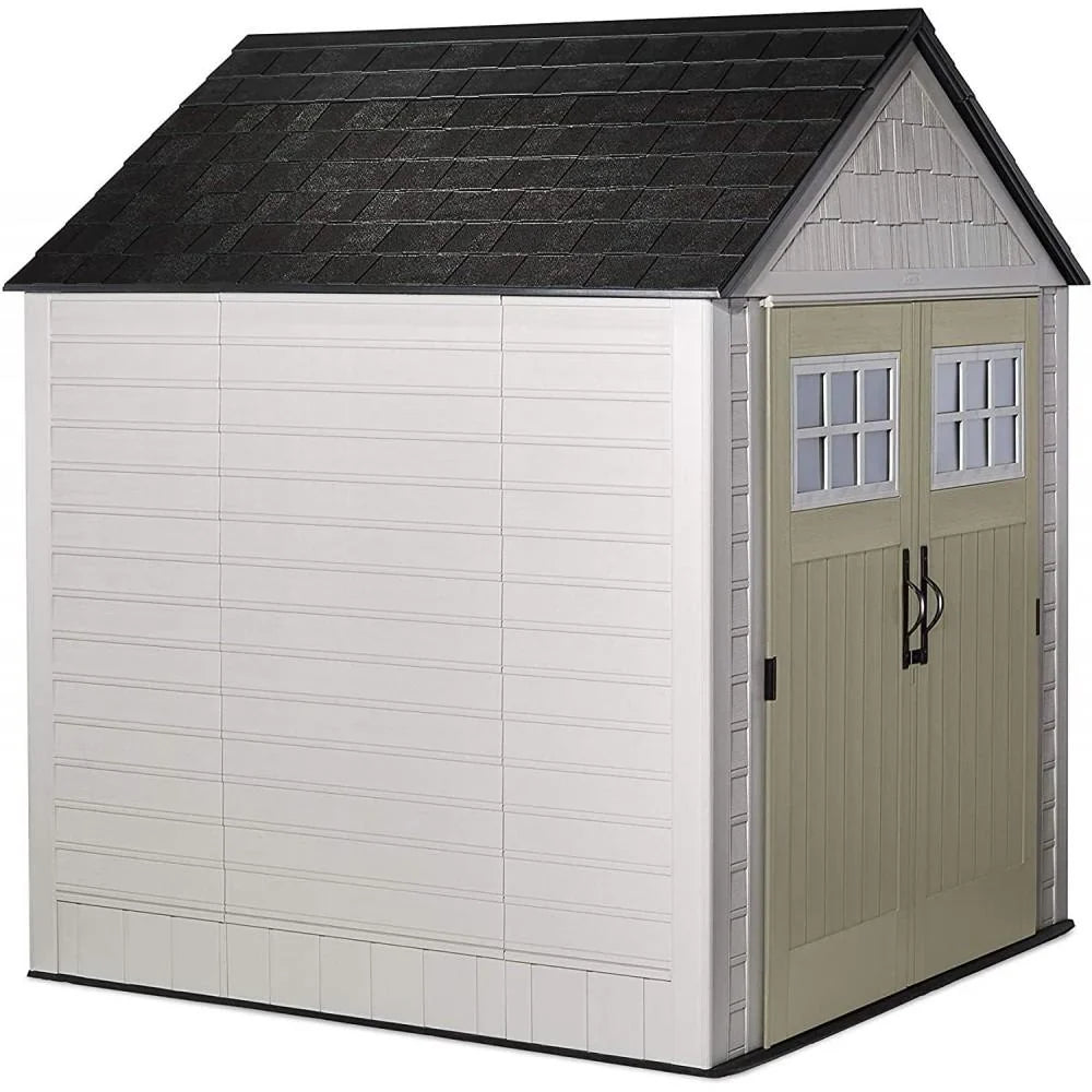 7 x 7-Ft. Resin Outdoor Garden Storage Shed with Windows and Utility Hooks. Sand