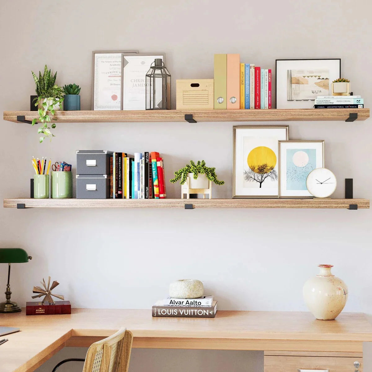 72 Inch Floating Wood Wall Shelves. Set of 2 Burnt Wood Display and Storage Shelves for Home Decor