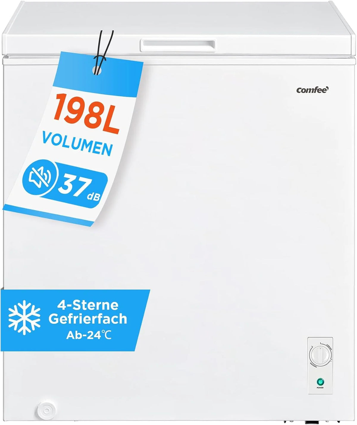 Comfee 198L Gefriertruhe. leise 37 dB. 4-Sterne-Gefrieren. Kühl-/Gefrier-Konvertierung (1–10°C / -24––12°C). 24‐h‐Schnellgefrierung 9kg.