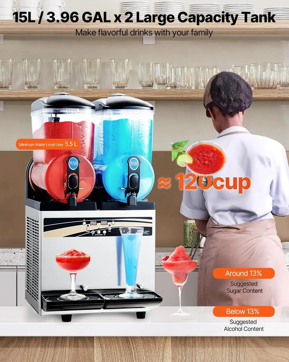 15L x 2 Double-Tank Commercial Slushy Machine. Stainless Steel. Frozen Drink Machine