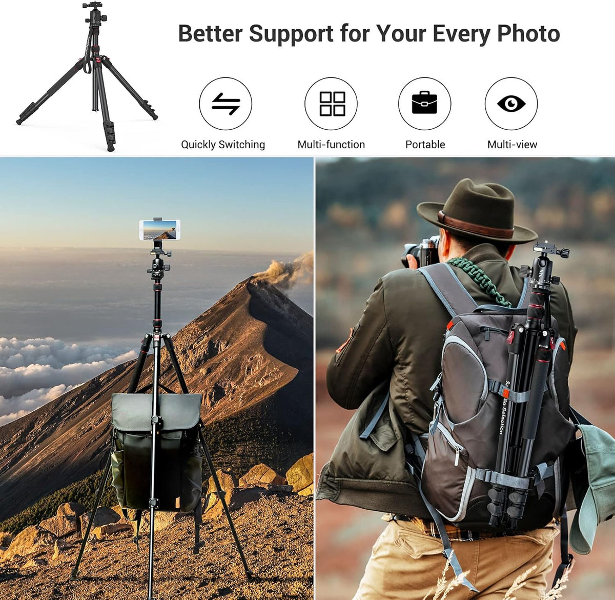 71 Foldable Aluminum Camera Tripod and Monopod. Adjustable Photography Tripod Stand for Cameras and Video