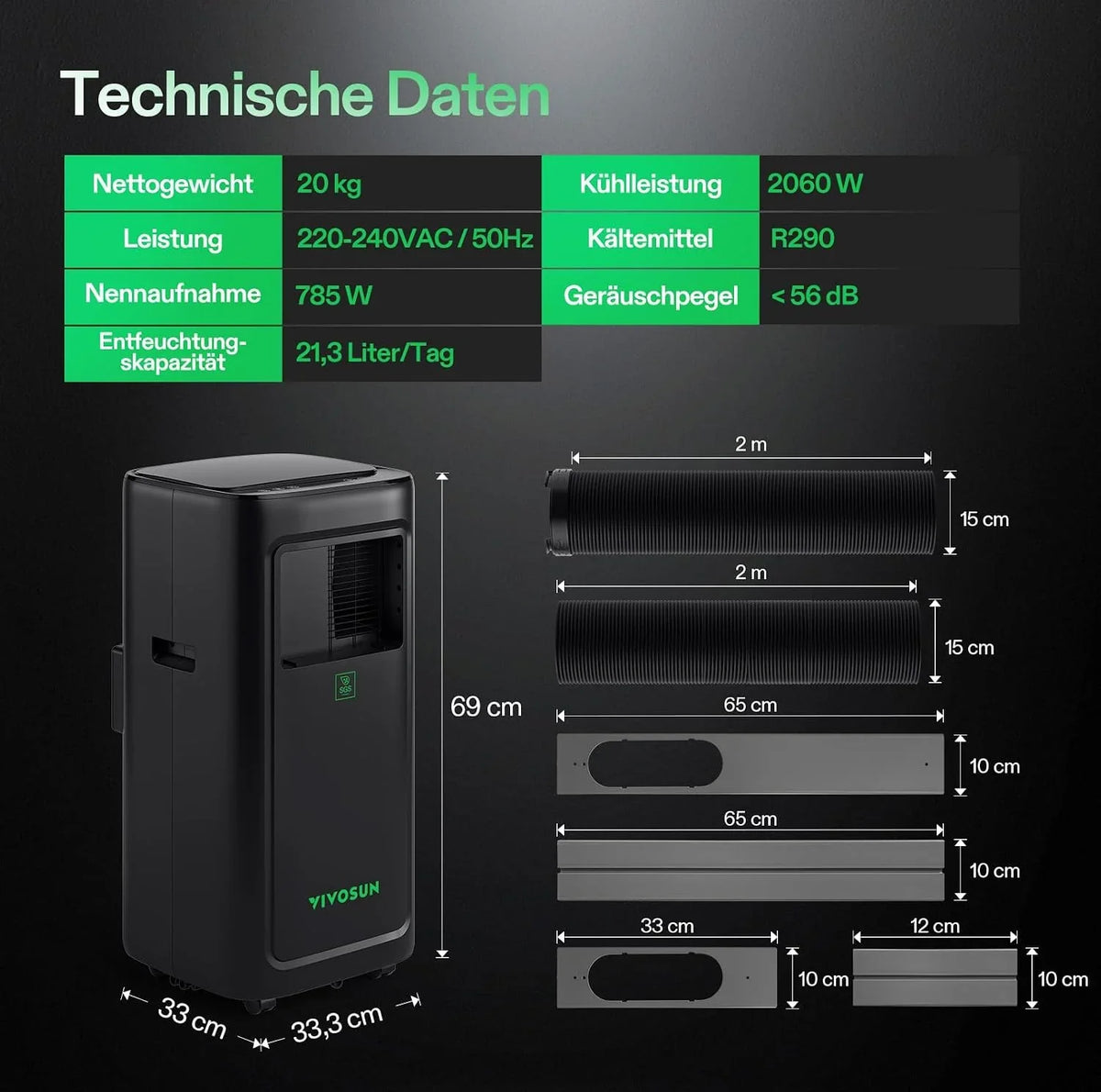 VIVOSUN Smart Klimaanlage. 7000 BTU. 4-in-1 Funktion mit Temperatur- & Feuchtigkeitssensor. Intelligente Fernbedienung. Ideal für Growzelte und