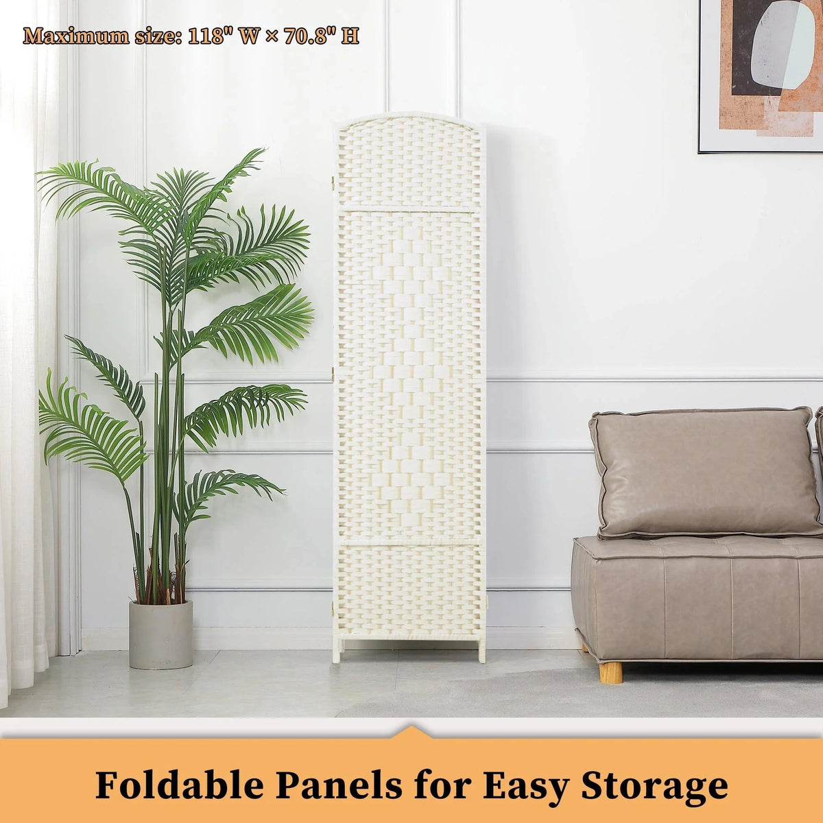 6 FT Tall Woven Fiber Room Divider. Freestanding Folding Privacy Screen