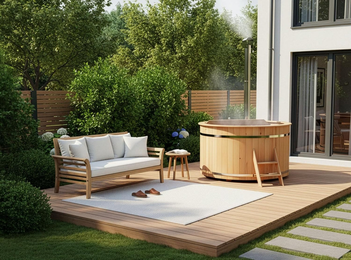 Holz Badefass Bergen. Hot Tub Ø 160 x 110 cm. inkl. Edelstahl-Ofen 22 kW und Einstiegsleiter. 3-4 Personen. Schwimmbecken. Badebottich. Sprudelbad