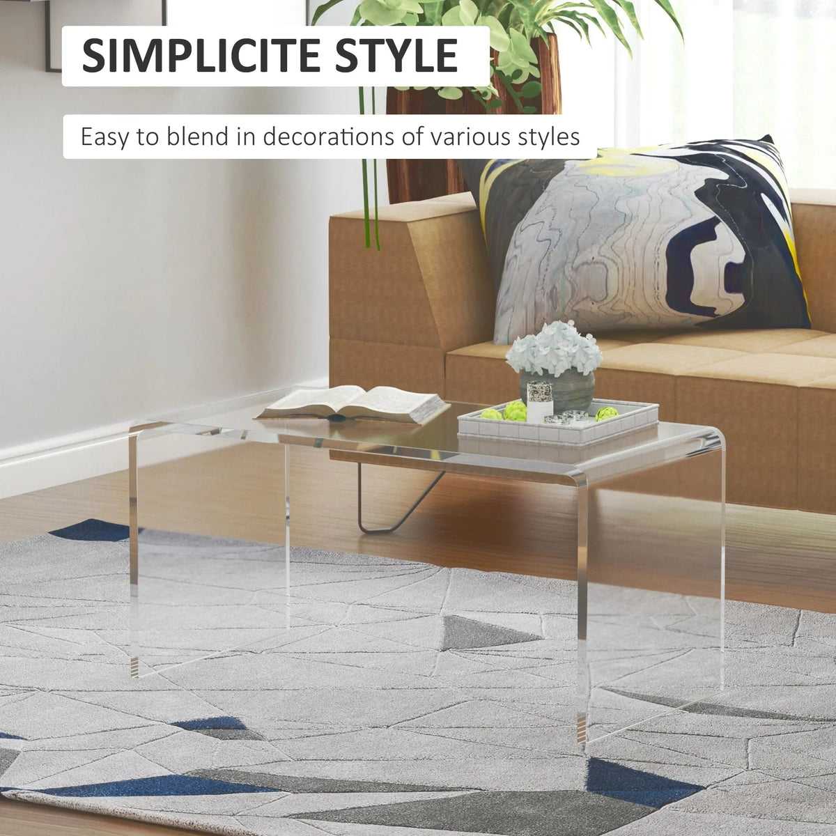32 Clear Acrylic Waterfall Coffee Table. 20mm Thick Rectangle Modern Transparent Table for Living Room