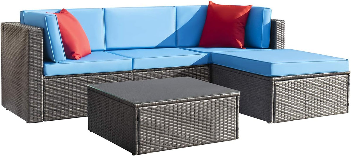 5-Piece All-Weather Patio Furniture Set with Cushions. Outdoor Wicker Conversation Sofa Set for Garden. Deck & Backyard