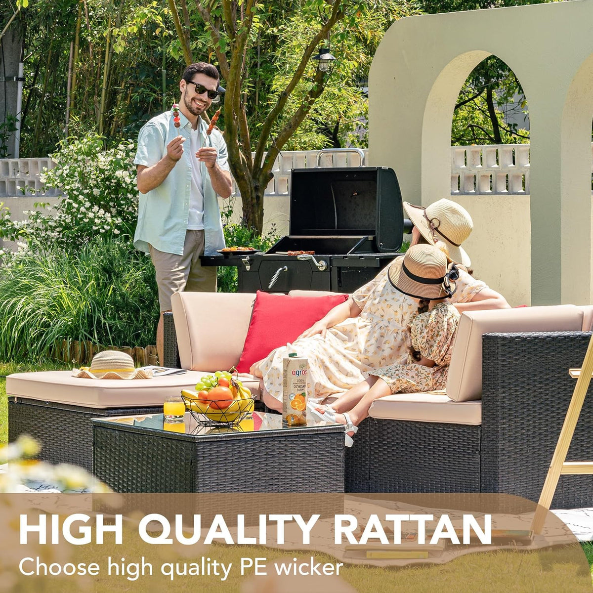 5-Piece All-Weather Patio Furniture Set with Cushions. Outdoor Wicker Conversation Sofa Set for Garden. Deck & Backyard