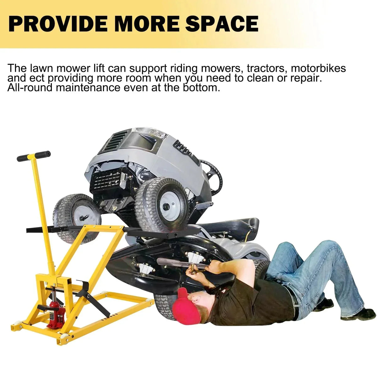 Lawn Mower Lift with Hydraulic Jack. 26 Inches Lawn Mower Lift. Welded Solid Steel Construction. Weight Capacity 500 LBS. for Riding Lawn Mowers