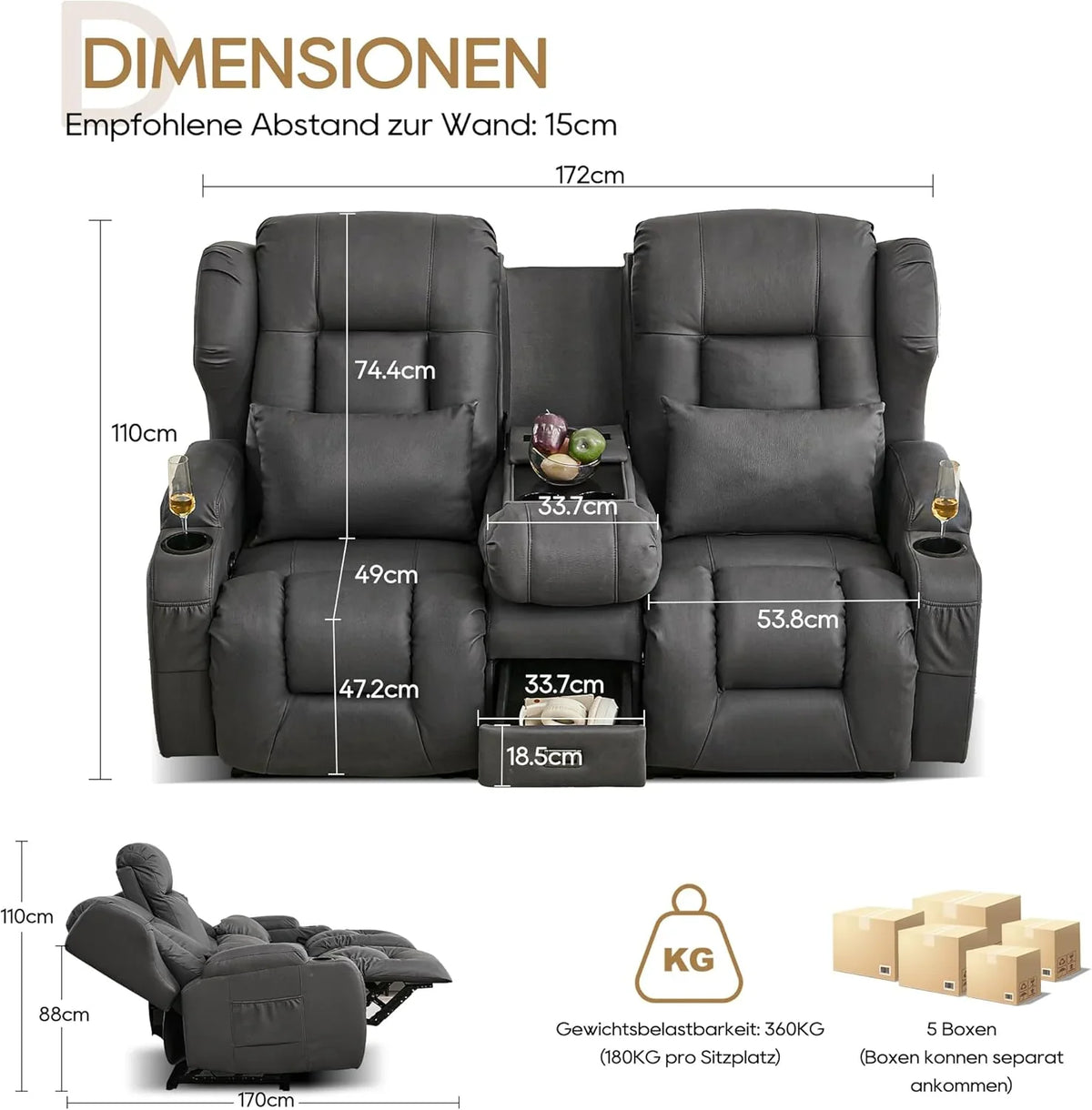 2er Relaxsessel mit Liegefunktion Fußteil. Zweisitzer Fernsehsessel 2 Sitzer TV Sessel mit Konsole. Manuell Verstellbar Doppel Kinosessel bis 360 kg (