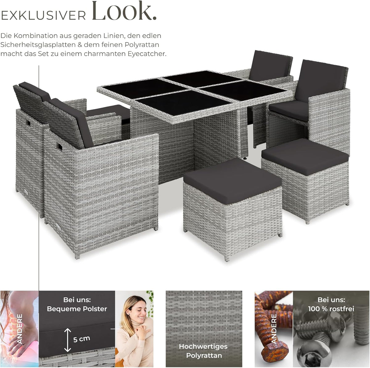 tectake Lounge Möbel Set 4X Stühle. 4X Hocker. 1x Tisch. platzsparende Cube Aufbewahrung. Outdoor Rattan Gartenmöbel für Balkon. Garten und Terrasse.
