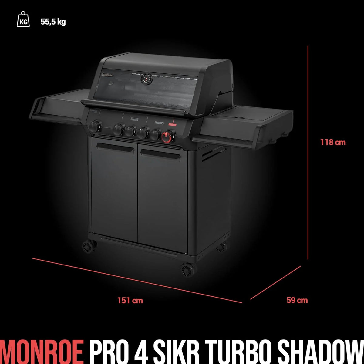 Enders Gasgrill Monroe Pro 4 SIKR Turbo Shadow inkl. Seargrate. 4-Brenner. mit Kocher. Infrarot-Heckbrenner. PanoVision Sichtfenster. Gussrost.