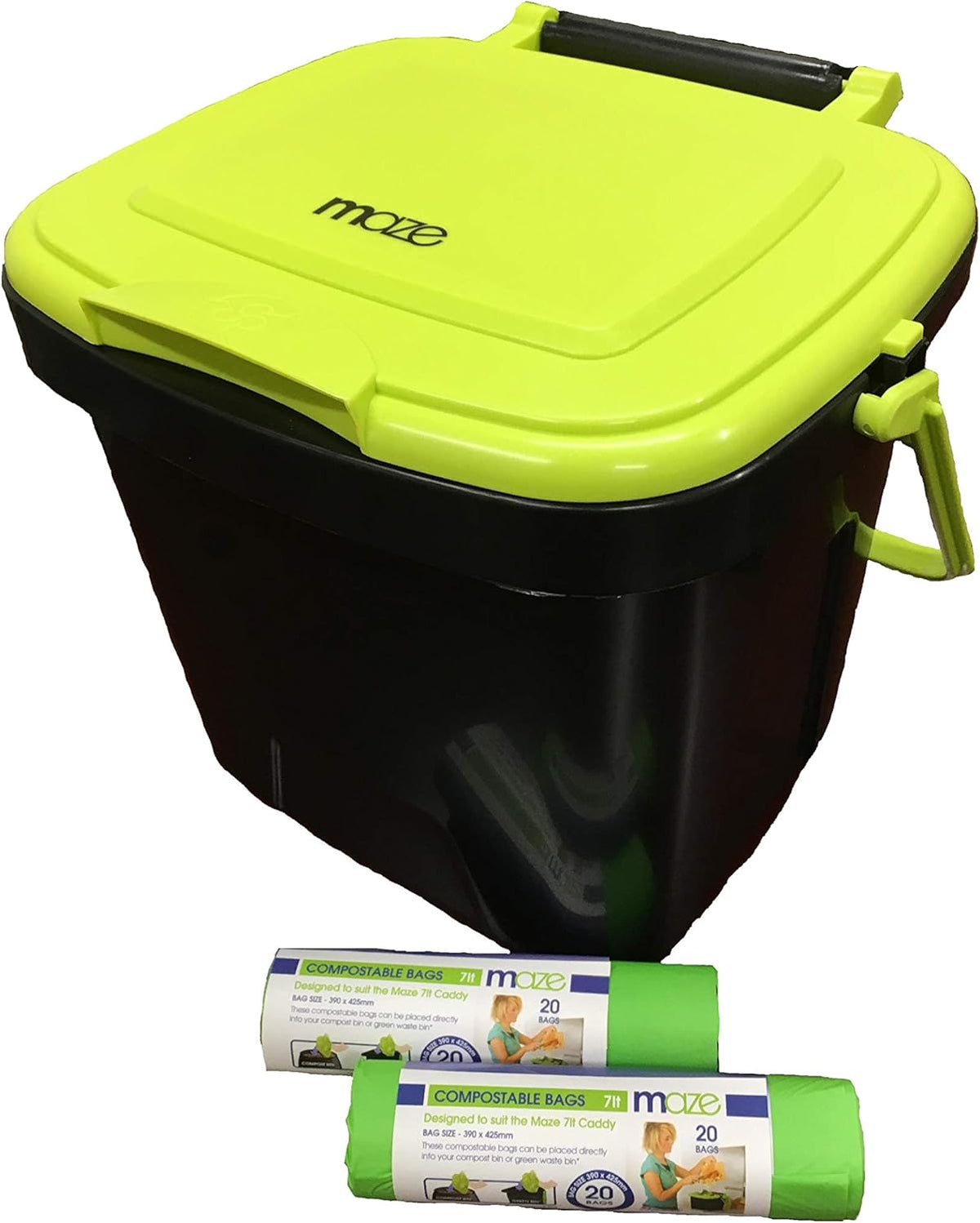 Two 65-gallon two-stage composting drums. equipped with large double doors and an open frame. are also provided along with a maze-style compost cart. a 1.85-gallon kitchen trolley-style compost bin. three rolls of corn bags. and a retractable plant t