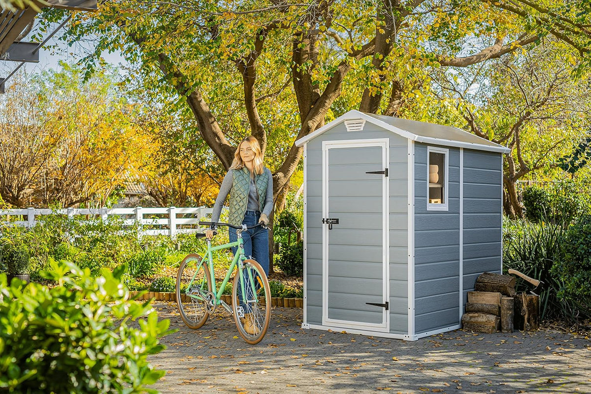 Keter Manor 4X6 - Caseta de jardín. 130x192x198cm y 2.2m2. Suelo. Sistema de ventilación. Puerta y Ventana. Resistente al Agua. Color Gris