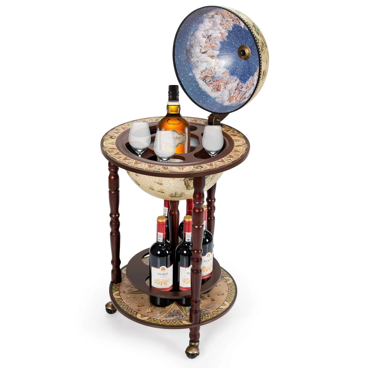 17 Wooden Globe Liquor Stand – Italian 16th Century Style Wine Bar Rack