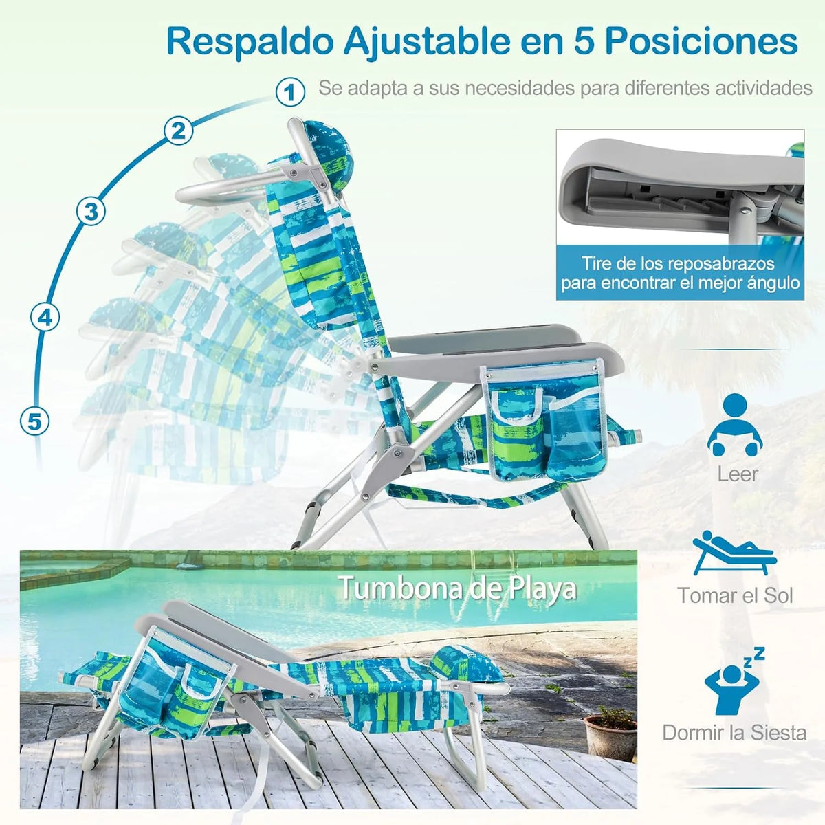 COSTWAY Silla Plegable de Playa. Tumbona con 5 Posiciones. Portavasos. Bolsillos de Almacenamiento. Correas de Hombro. Soporte para Toallas. Almohada.