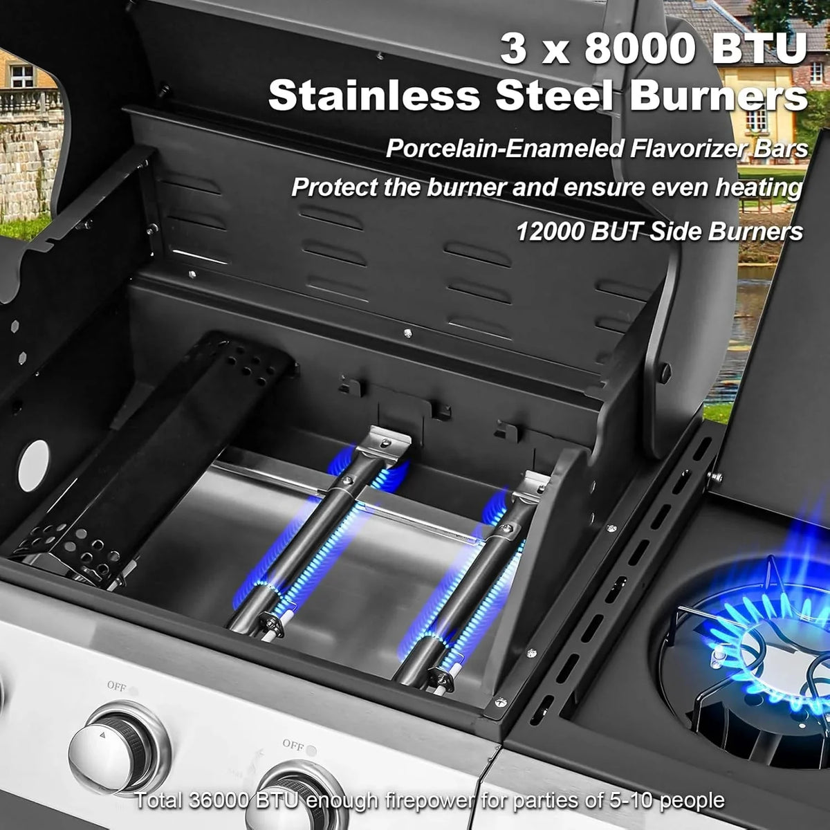 4-Burner Propane Gas Grill with Cast Iron Grates. Side Stove and 44.000 BTU Stainless Steel Burners