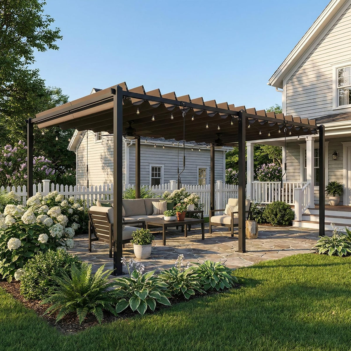 Outsunny Pérgola de Jardín 3x5.7 m. Cenador de Jardín con Techo de Lamas Ajustable a 90°. Manivela. Estructura de Aluminio. Protección UPF50+.