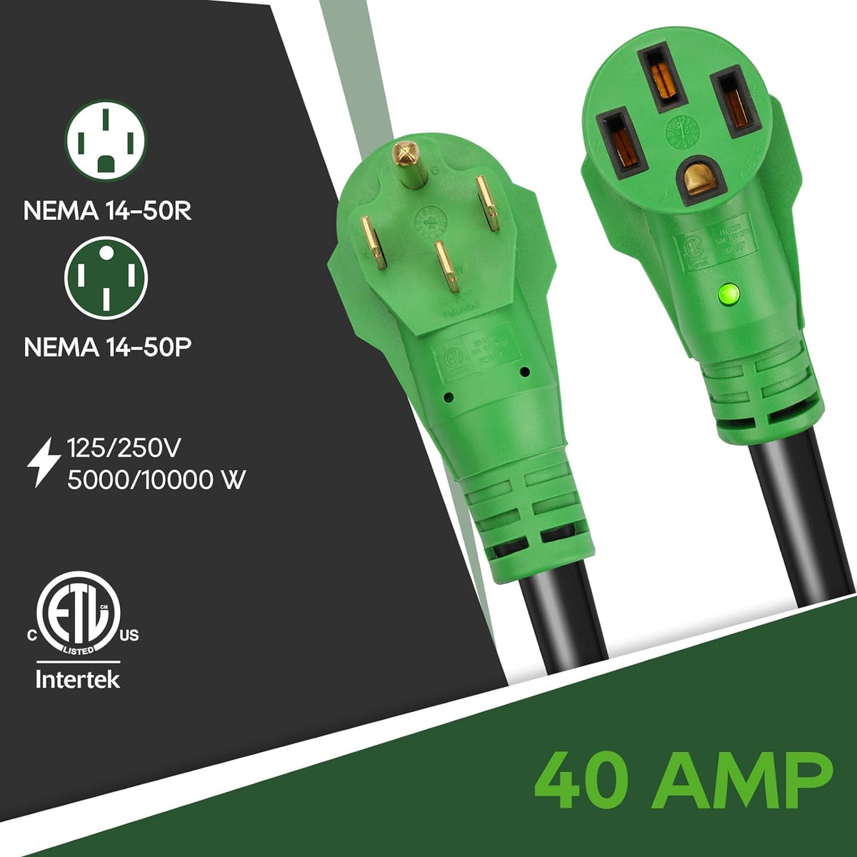 40 Amp 100 Foot RV/EV Extension Cord. NEMA 14-50P/R Heavy Duty Extension Cord with LED Power Indicator and Cord Organizer. Green.