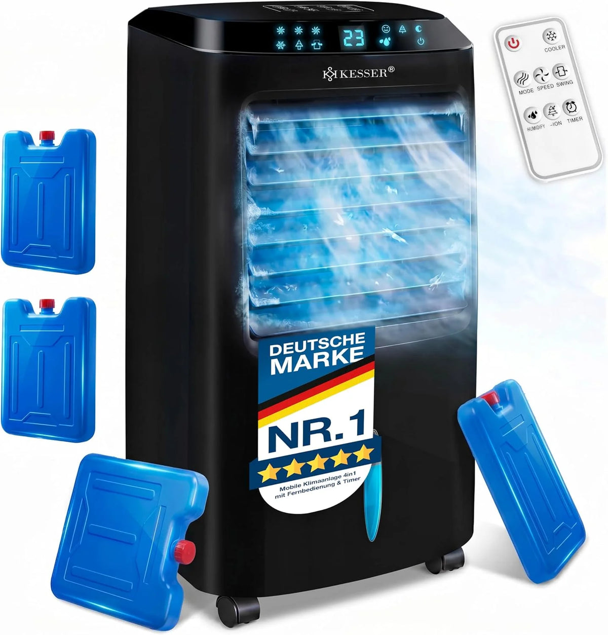 KESSER Mobile Klimaanlage 4in1 Luftkühler – Air Cooler mit Fernbedienung & Timer. 10L Wassertank. Ionisator & Luftbefeuchter. Ventilator Klimagerät