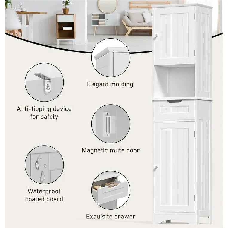 67 Inch Tall Narrow Bathroom Linen Cabinet. 5-Tier Solid Wood Freestanding Storage Cabinet