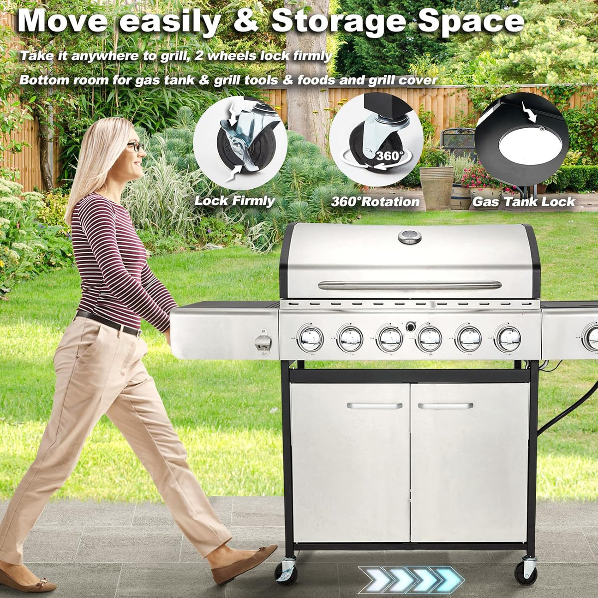 4-Burner Propane Gas Grill with Cast Iron Grates. Side Stove and 44.000 BTU Stainless Steel Burners