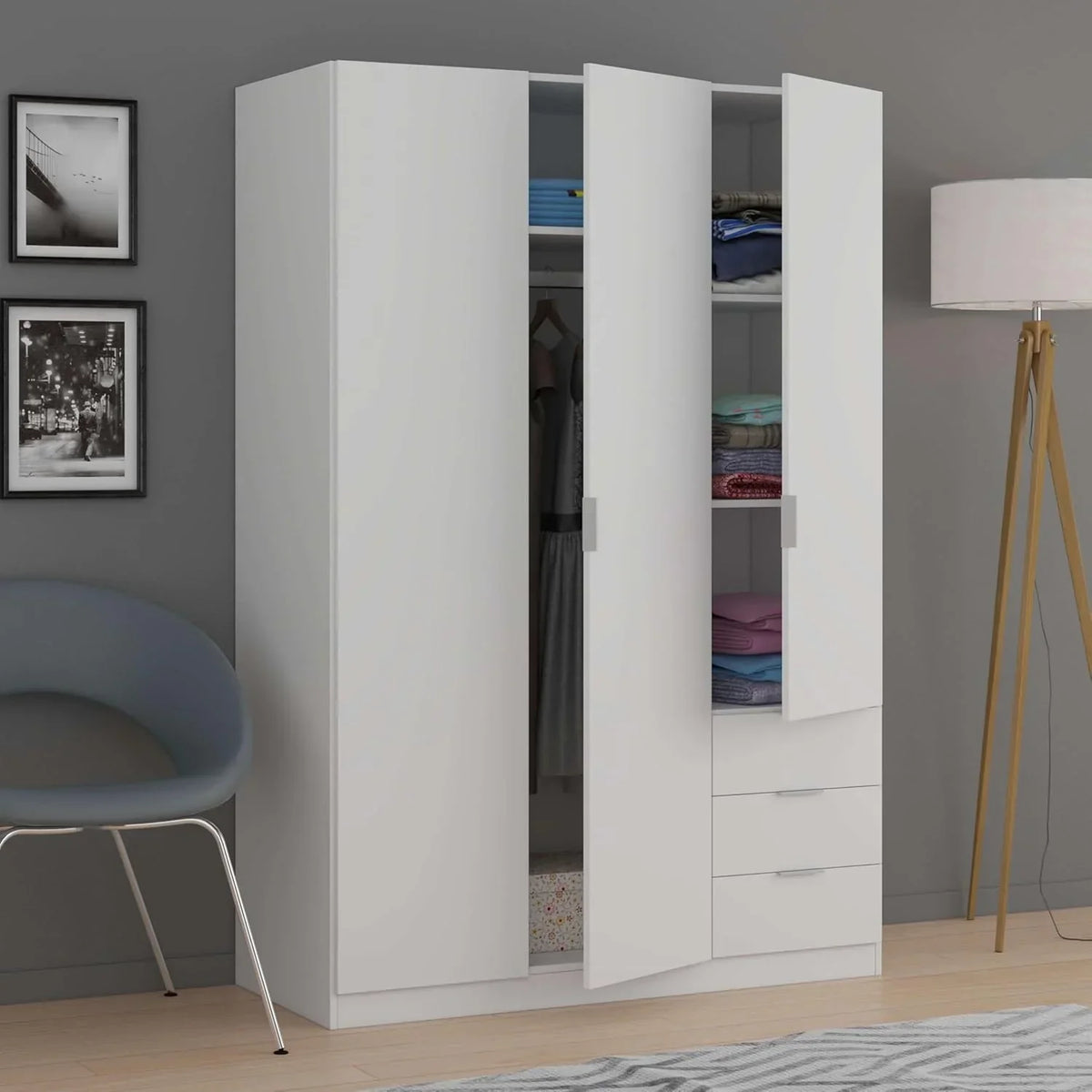 Habitdesign Three Door and Three Drawer Wardrobe Closet. Artic White Finish. Measurements: 121 cm (W) x 180 cm (H) x 52 cm (D)