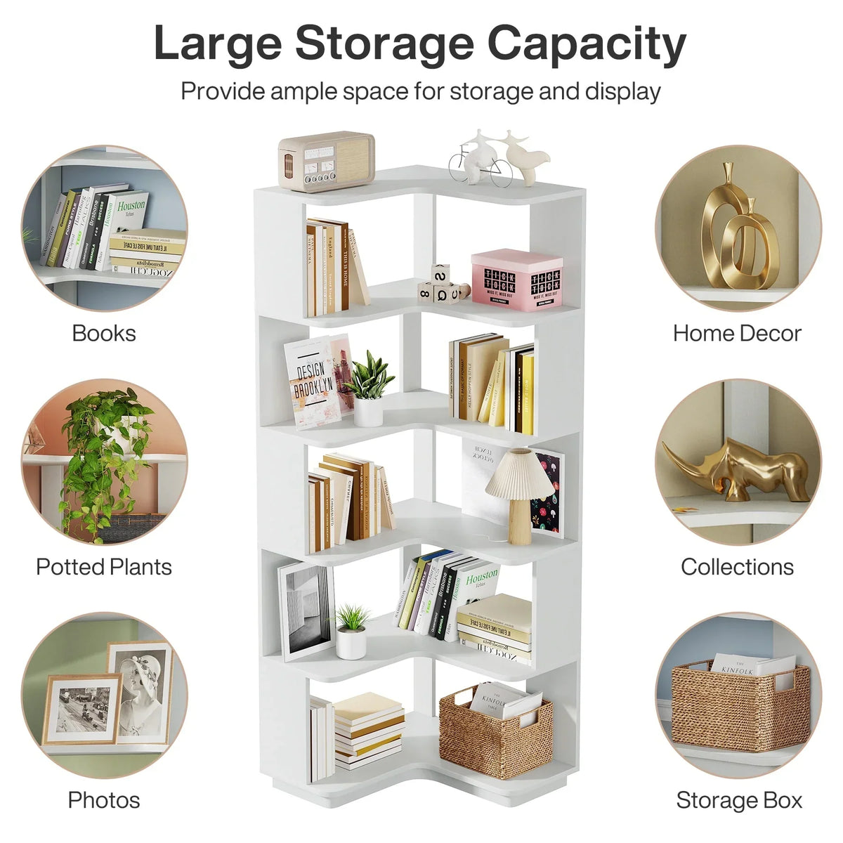 64.9 Inch Tall 6-Tier Corner Bookshelf. Freestanding Wood Industrial Bookcase