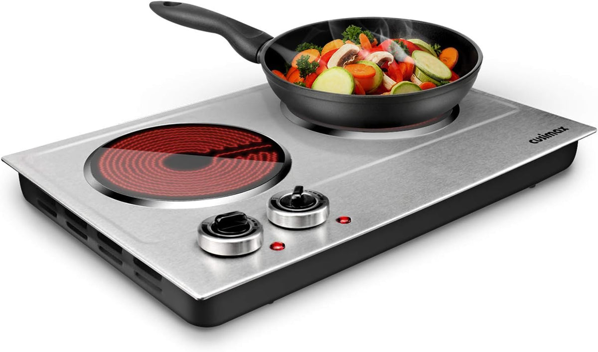 Hot Plate.1800W Ceramic Electric Hot Plate for Cooking. Dual Control Infrared Cooktop. Portable Countertop Burner. Glass Plate Electric Cooktop. Silver. Stainless Steel