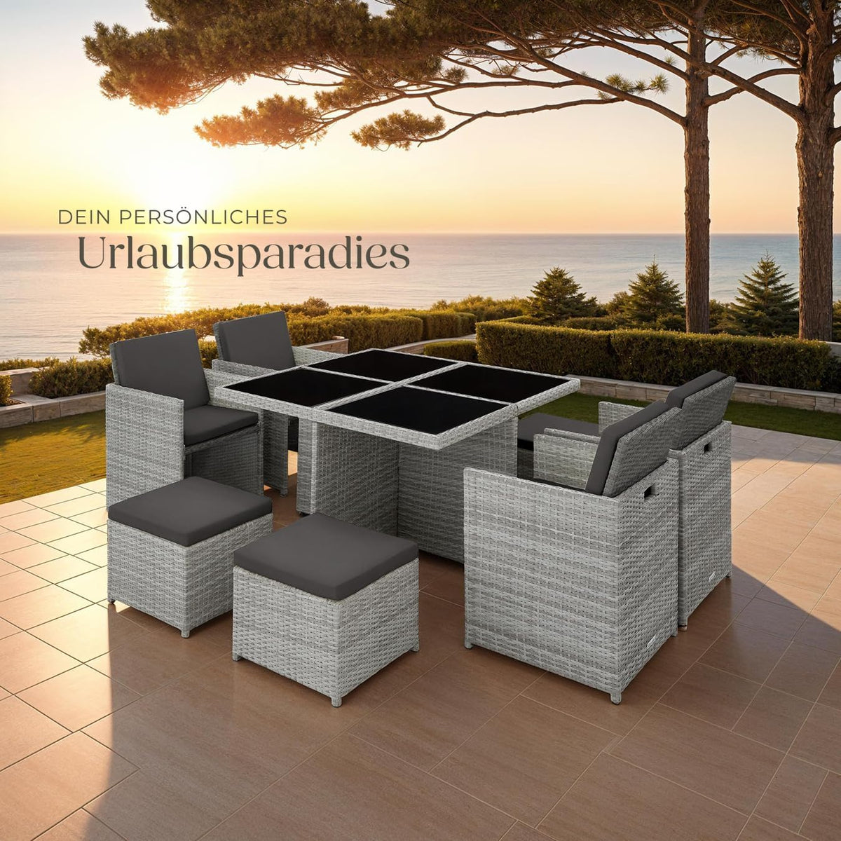 tectake Lounge Möbel Set 4X Stühle. 4X Hocker. 1x Tisch. platzsparende Cube Aufbewahrung. Outdoor Rattan Gartenmöbel für Balkon. Garten und Terrasse.