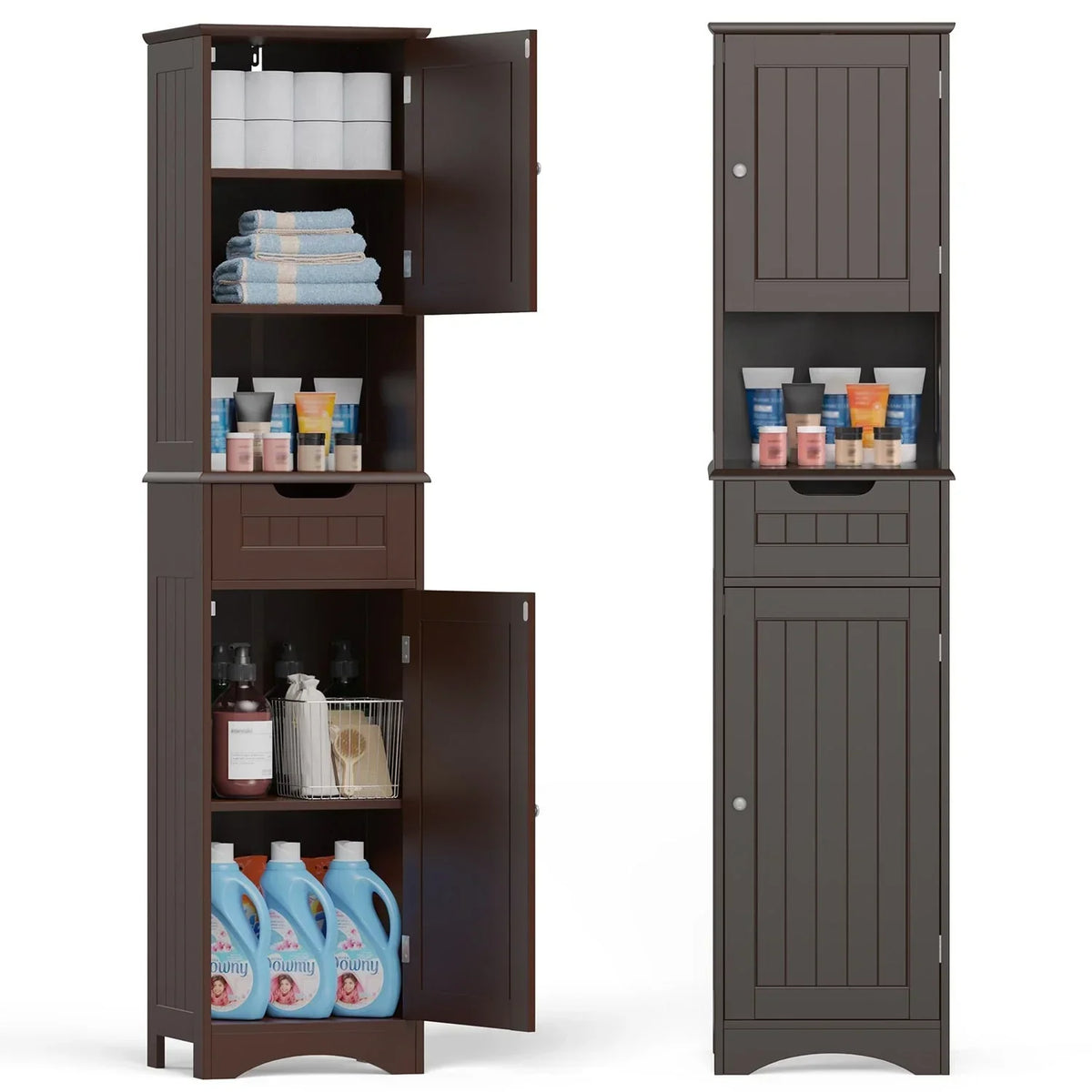 67 Inch Tall Narrow Bathroom Linen Cabinet. 5-Tier Solid Wood Freestanding Storage Cabinet