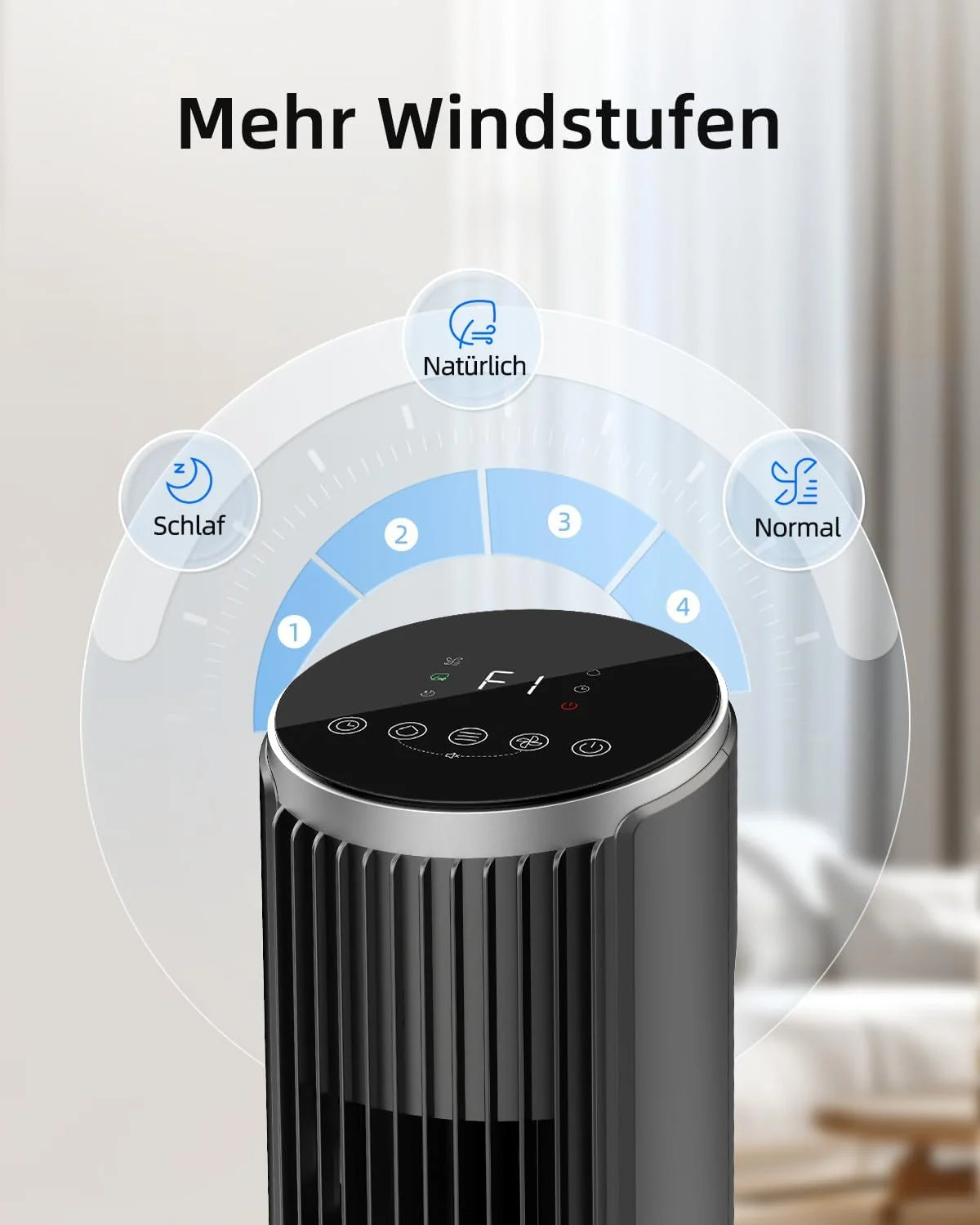 Ateroll Leiser Turmventilator für Schlafzimmer. Standventilator mit Fernbedienung. 90° oszillierend. 4 Geschwindigkeiten 3 Modi 12H Timer LED-Anzeige.
