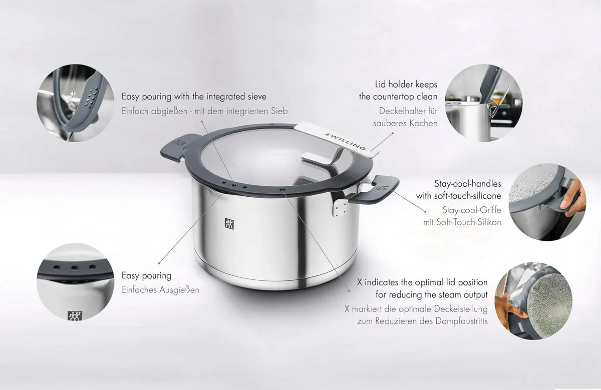 ZWILLING Simplify Kochtopf-Set 5-teilig. Mit Ausgießfunktion. Stay-Cool-Griffe. Induktionsgeeignet. Edelstahl. Silber