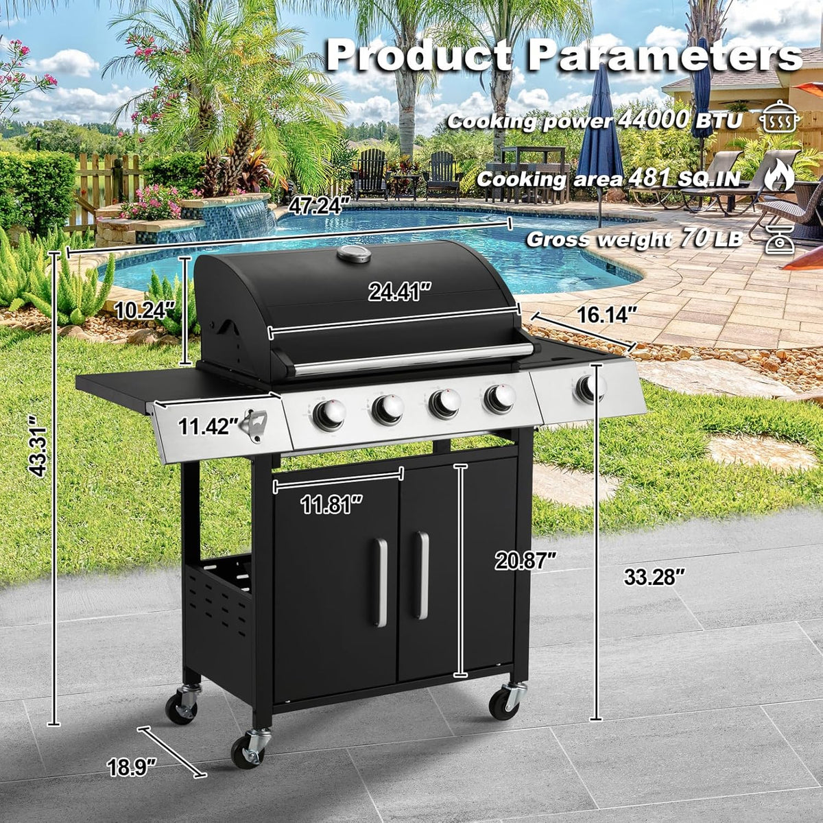 4-Burner Propane Gas Grill with Cast Iron Grates. Side Stove and 44.000 BTU Stainless Steel Burners