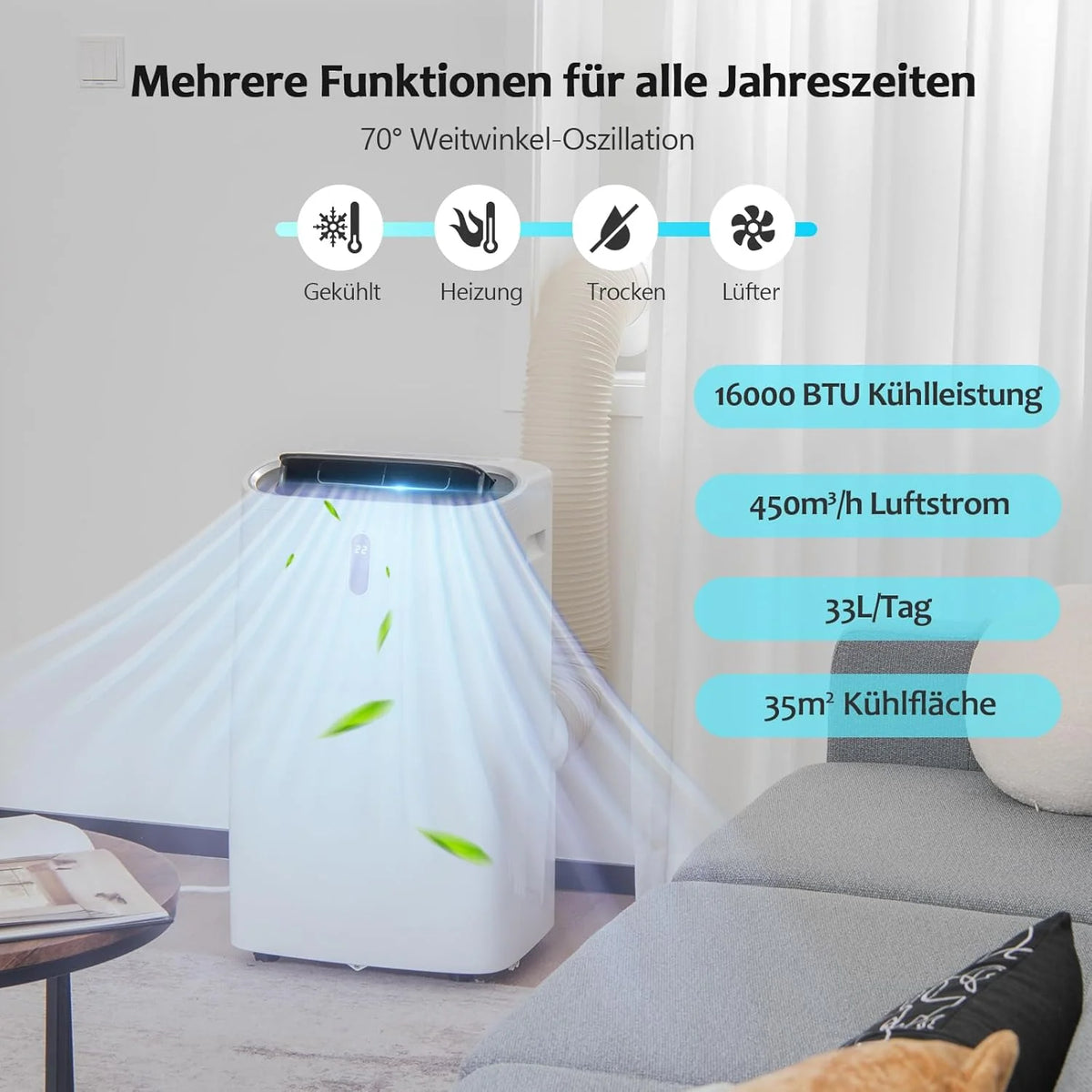 GOPLUS 16000 BTU Klimaanlage mit Abluftschlauch. 5 in 1 mobiles Klimagerät: Kühlen. Heizen. Entfeuchten. Belüften. Schlafmodus | für Raumgröße bis