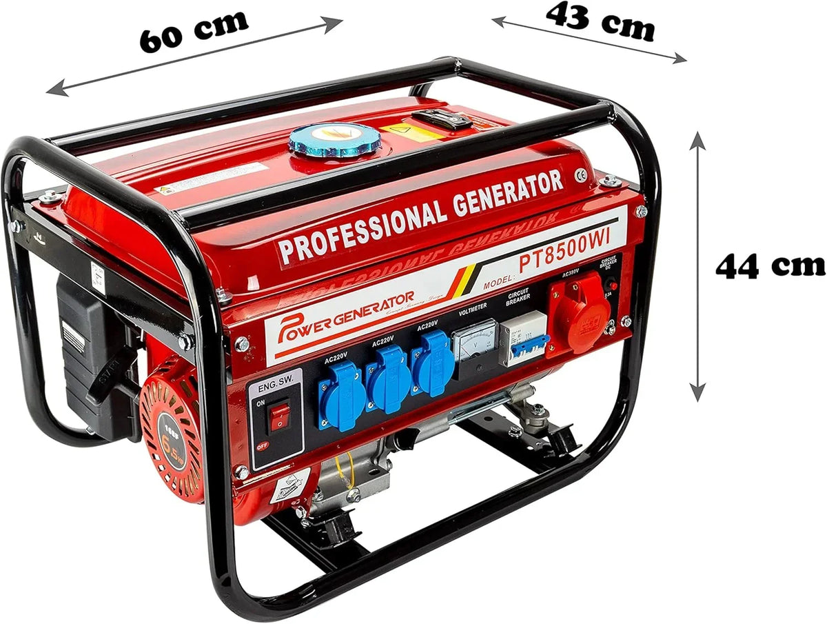 Generador de corriente con gasolina | Accesorios incluidos | Grupo electrógeno silencioso | 5 enchufes 3 x 230 V / 1 x 400 V / 1 x 12 V | 6.5 CV