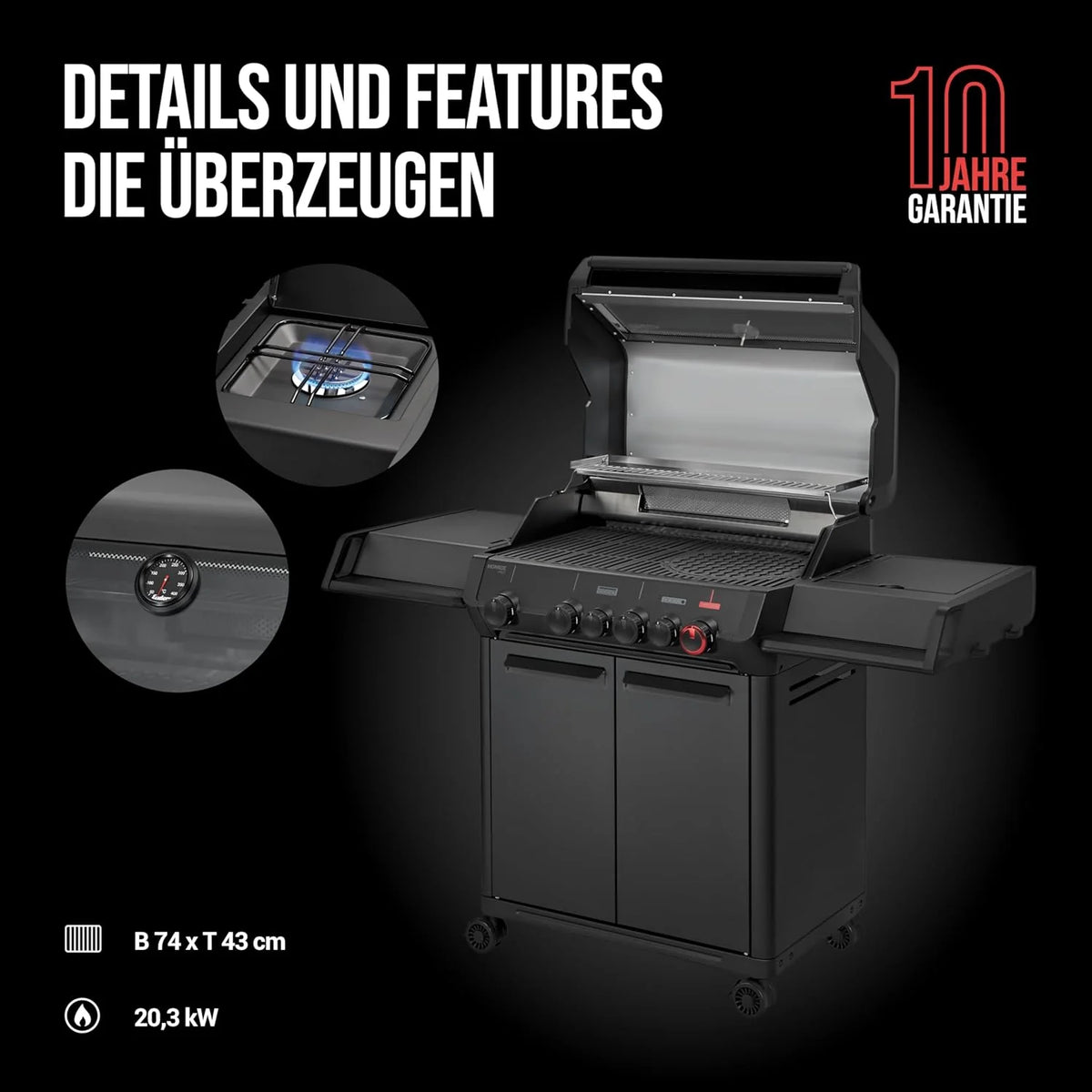 Enders Gasgrill Monroe Pro 4 SIKR Turbo Shadow inkl. Seargrate. 4-Brenner. mit Kocher. Infrarot-Heckbrenner. PanoVision Sichtfenster. Gussrost.