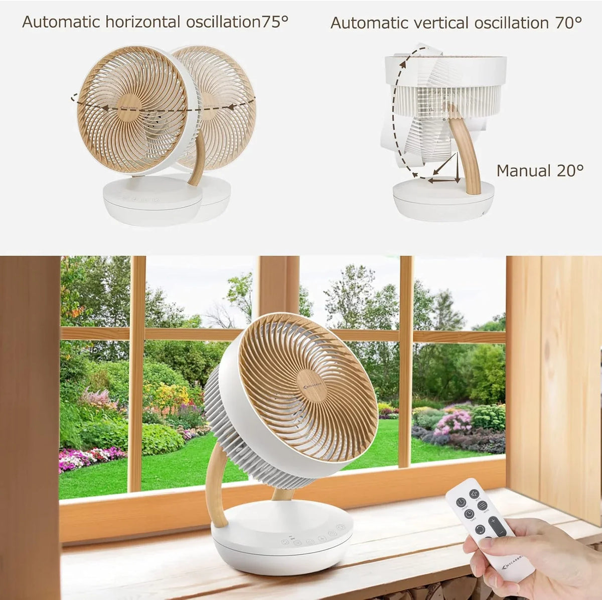 MYCARBON Ventilator sehr leise DC Motor 20dB 1850m³/h Luftmenge 8 Stufe ECO Modi Tischventilator 3D Luftumwälzer für 30m² Schlafzimmer Turbo