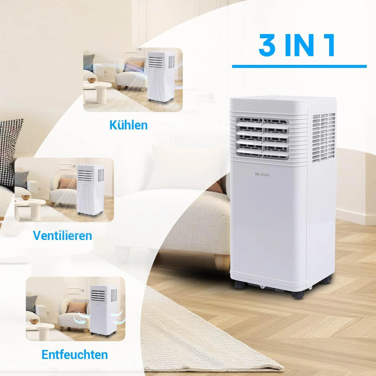 BE COOL Mobiles Klimagerät 7000 BTU mit WLAN. 3in1 Klimaanlage zum Kühlen. Entfeuchten & Lüften. für Räume bis 24 m². Fernbedienung. Timer.