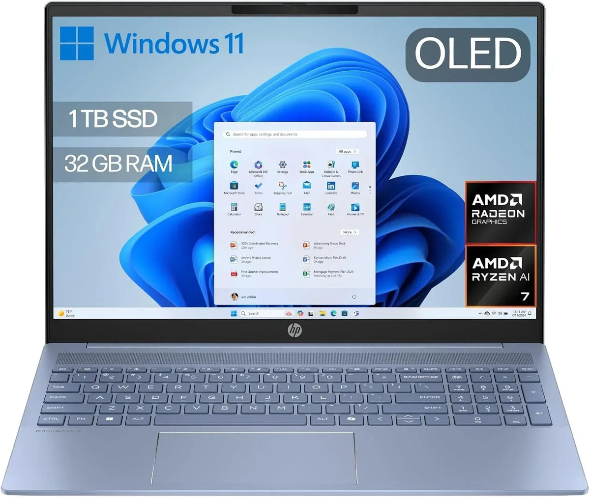 HP OmniBook 5 16′′ OLED. Ordenador portátil (Procesador AMD Ryzen AI 7 350. 32GB RAM. 1TB SSD. Gráficos AMD Radeon 860M. Windows 11 Home) Azul -
