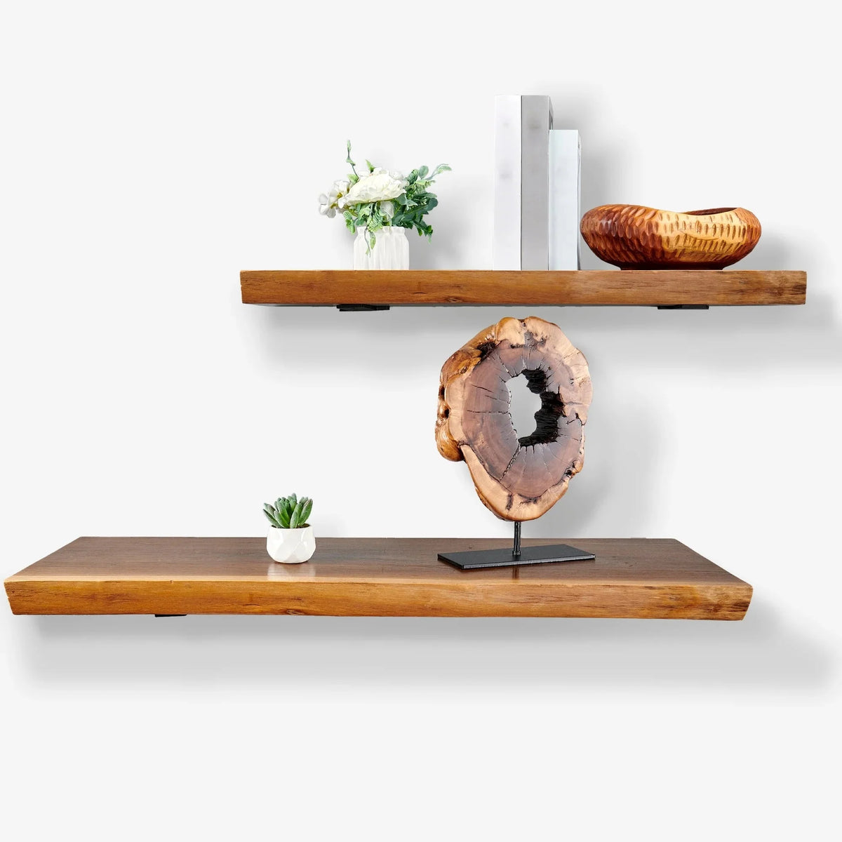 1 Piece Teak Wood Wall Shelf with Live Edge. Rustic Floating Shelf for Home Decor