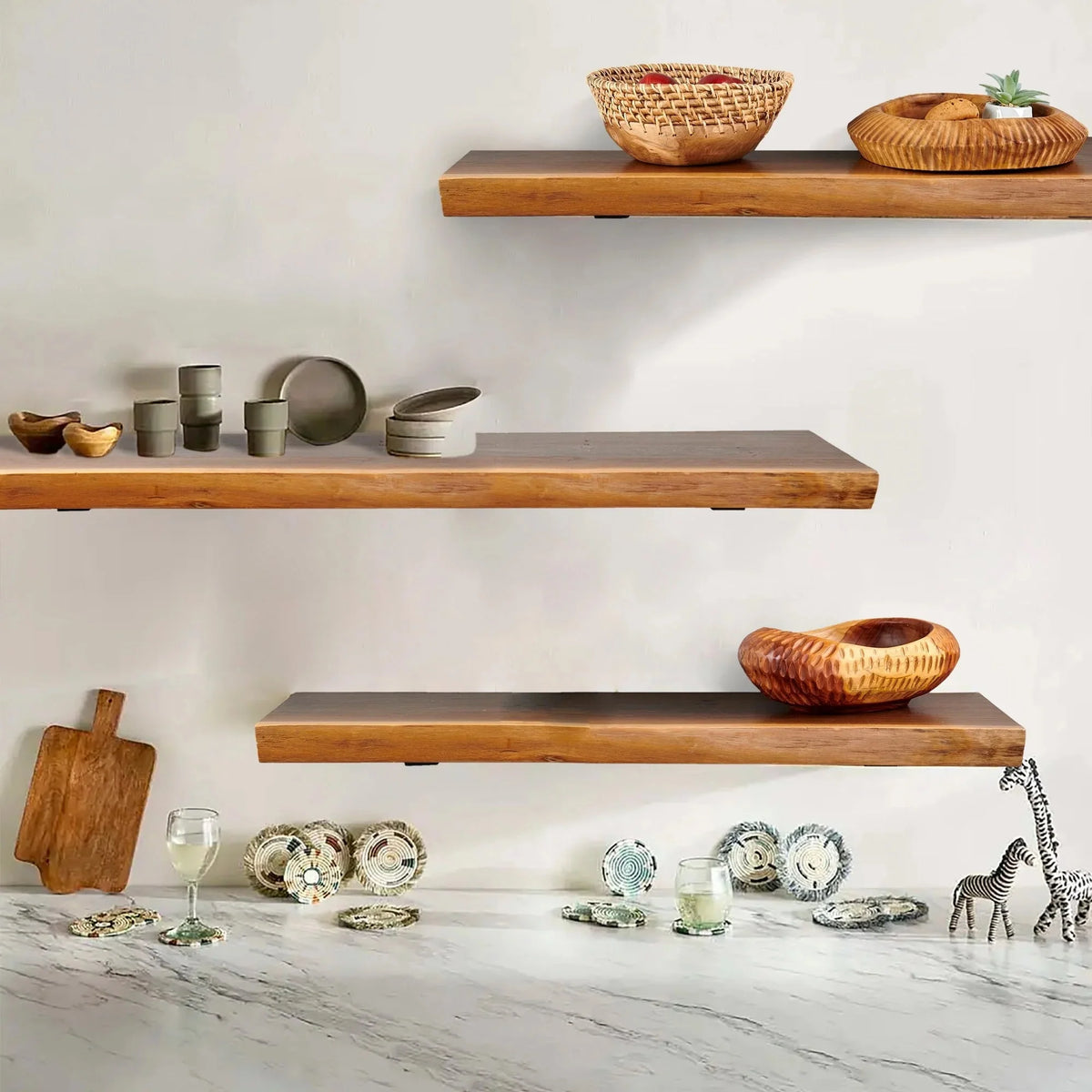 1 Piece Teak Wood Wall Shelf with Live Edge. Rustic Floating Shelf for Home Decor