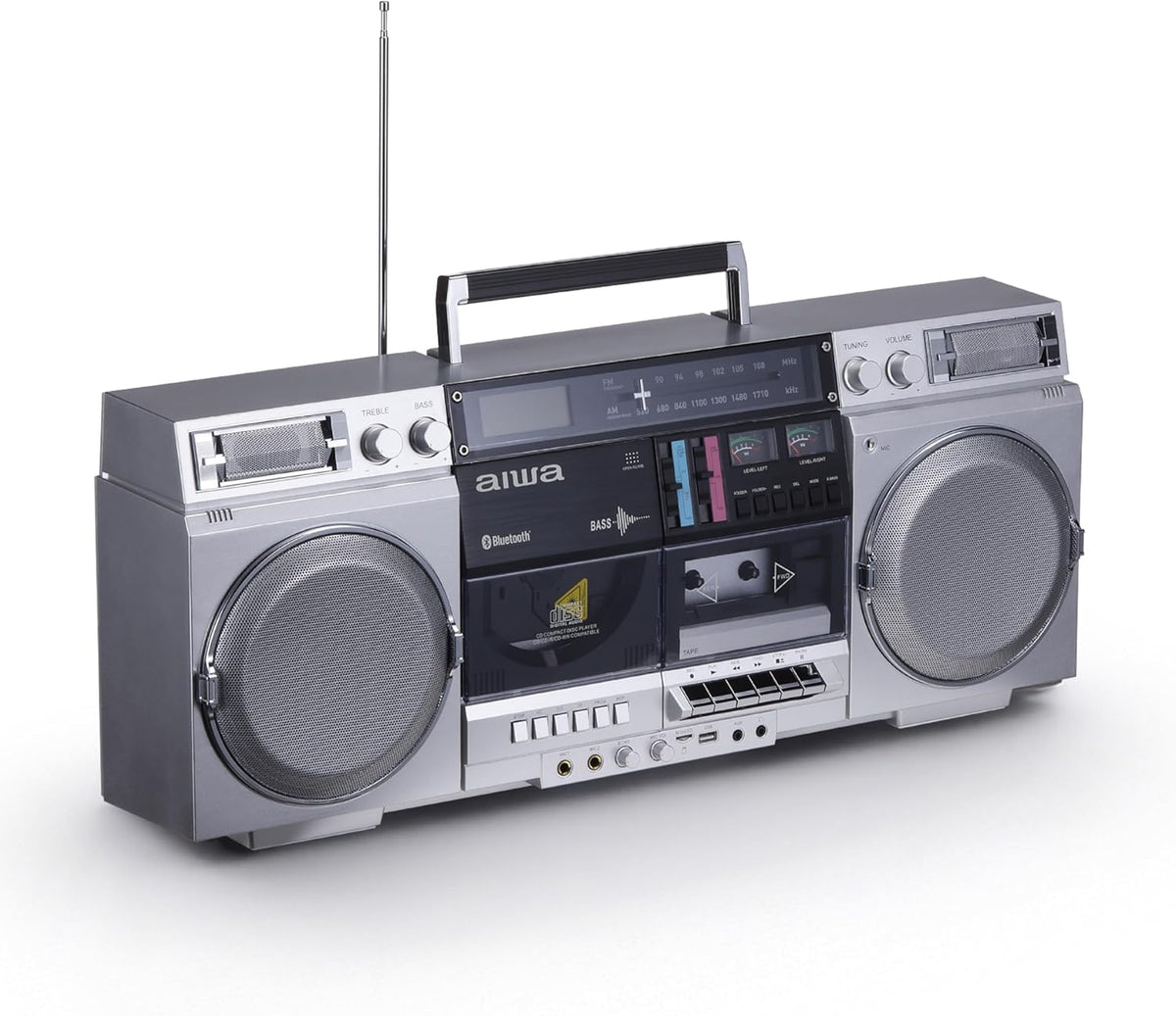 Retro-style portable CD player. featuring tape recording function. Bluetooth 5.0 technology. FM/AM radio. USB/SD/AUX input interfaces. VU meter. LCD display. dual 40-watt speakers - silver