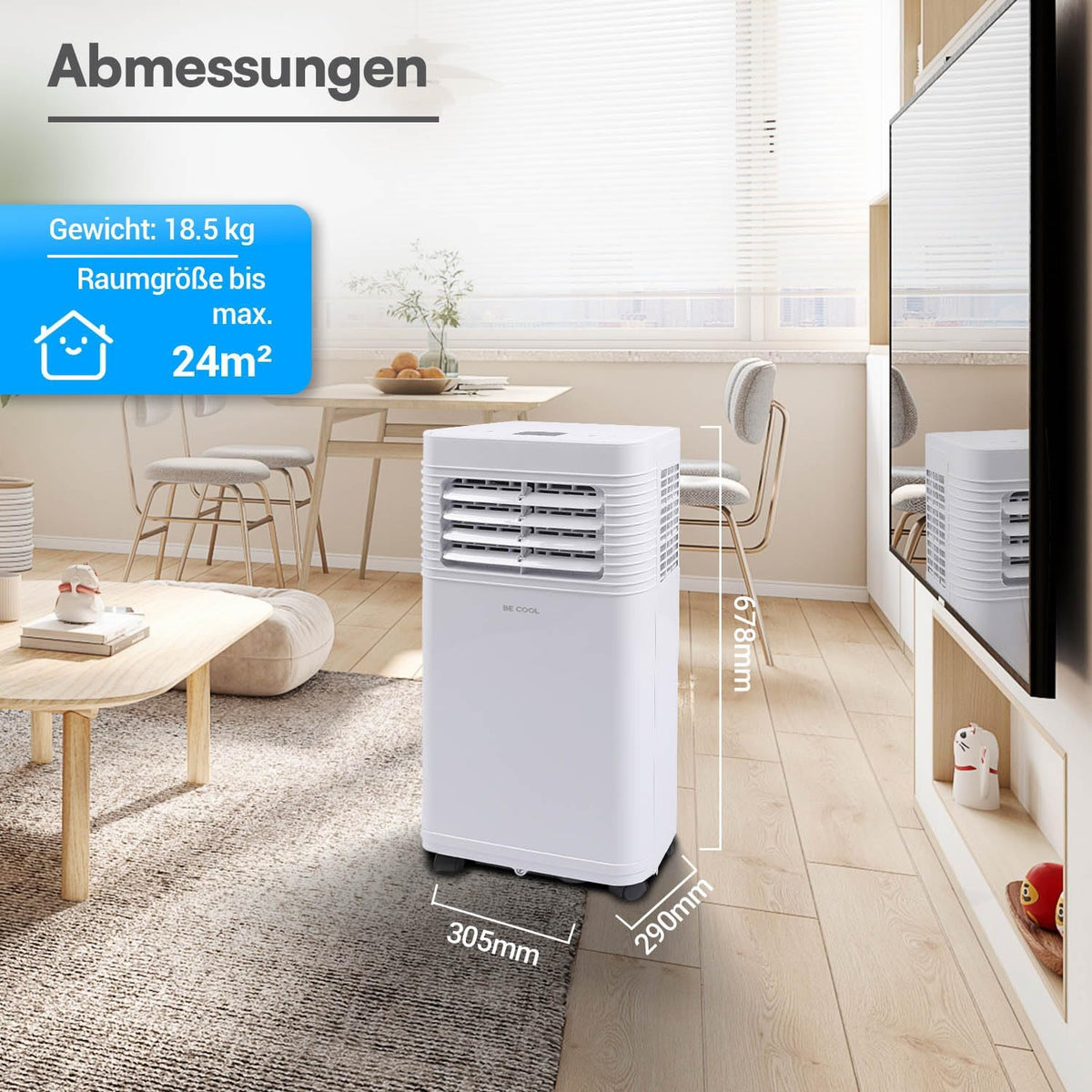 BE COOL Mobiles Klimagerät 7000 BTU mit WLAN. 3in1 Klimaanlage zum Kühlen. Entfeuchten & Lüften. für Räume bis 24 m². Fernbedienung. Timer.