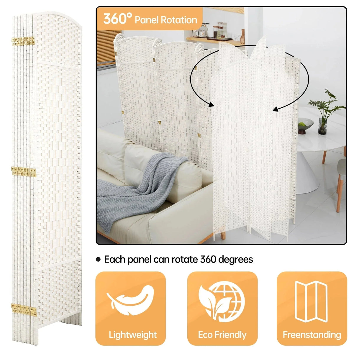 6 FT Tall Woven Fiber Room Divider. Freestanding Folding Privacy Screen