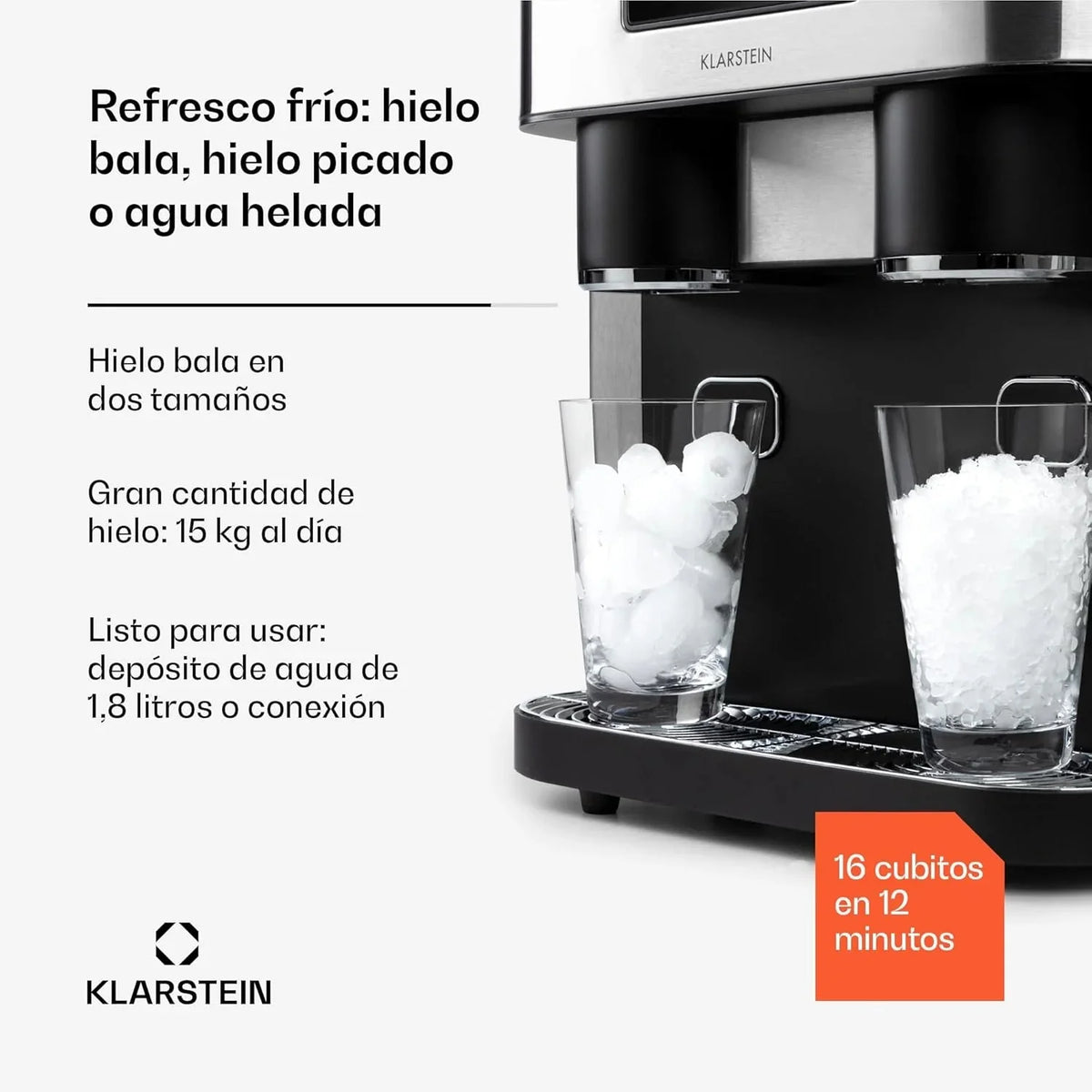 Klarstein Maquina de Hielo Doméstica. 1.8L. Gris oscuro. Ice Maker Encimera 15 kg. para Hacer Cubitos de Hielo y Picado en Casa. con Panel Táctil y