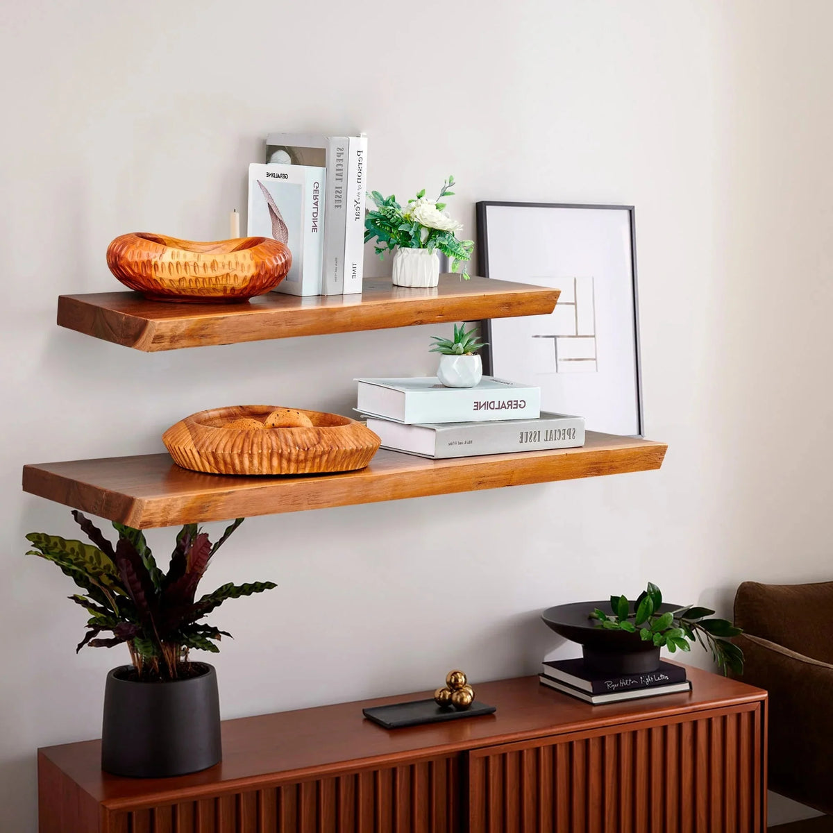 1 Piece Teak Wood Wall Shelf with Live Edge. Rustic Floating Shelf for Home Decor