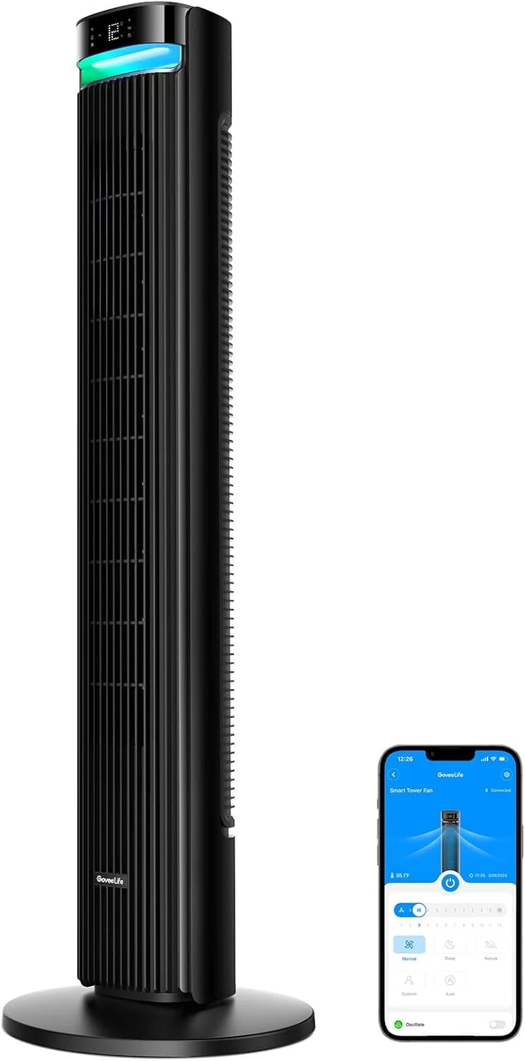 GoveeLife 27 dB leiser Ventilator. 12 Geschwindigkeiten bis zu 8 m/s. 5 Modi. 24-Stunden-Timer. intelligenter Turmventilator mit 150°-Oszillation. APP