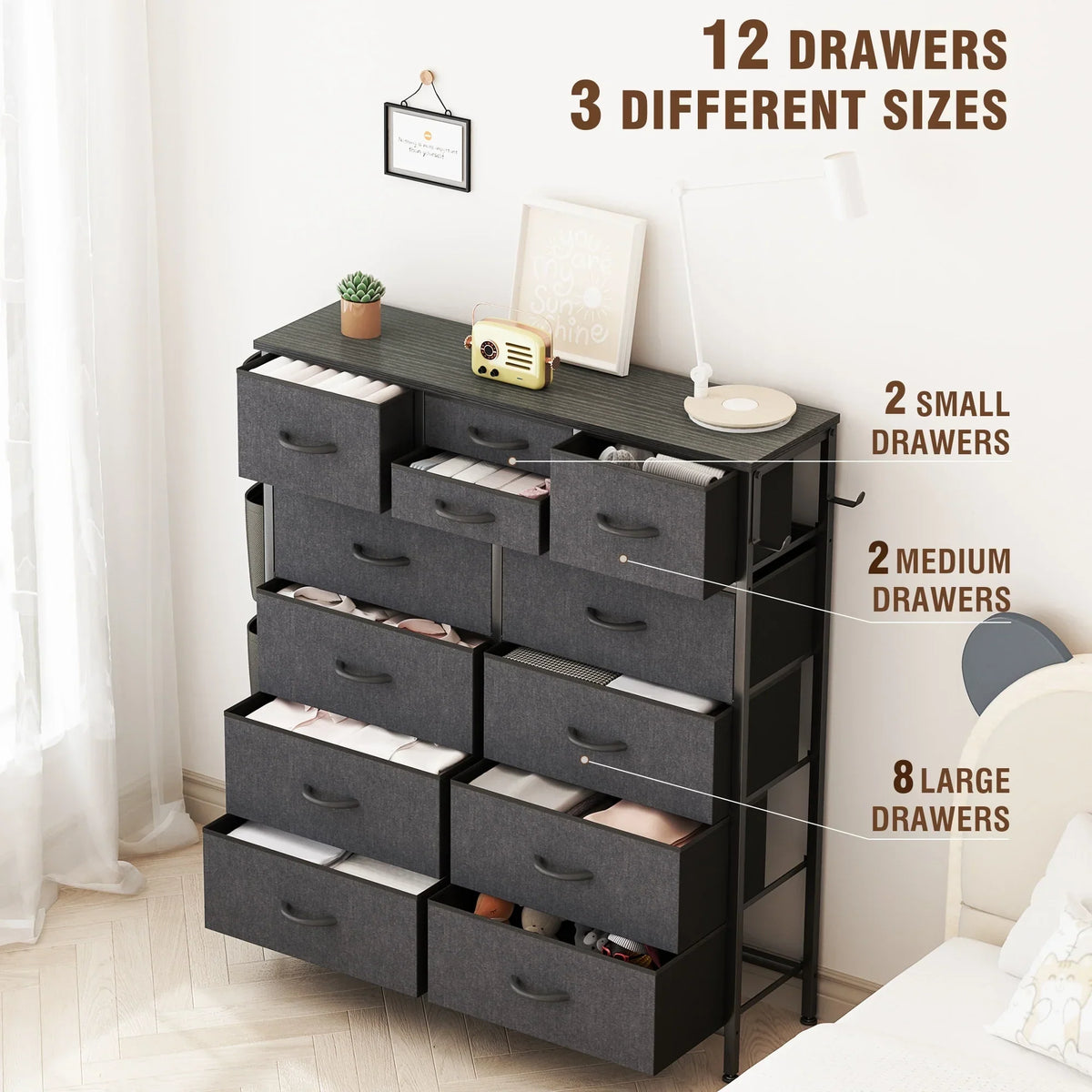 12 Drawer Fabric Dresser. Tall Bedroom Chest of Drawers with Storage